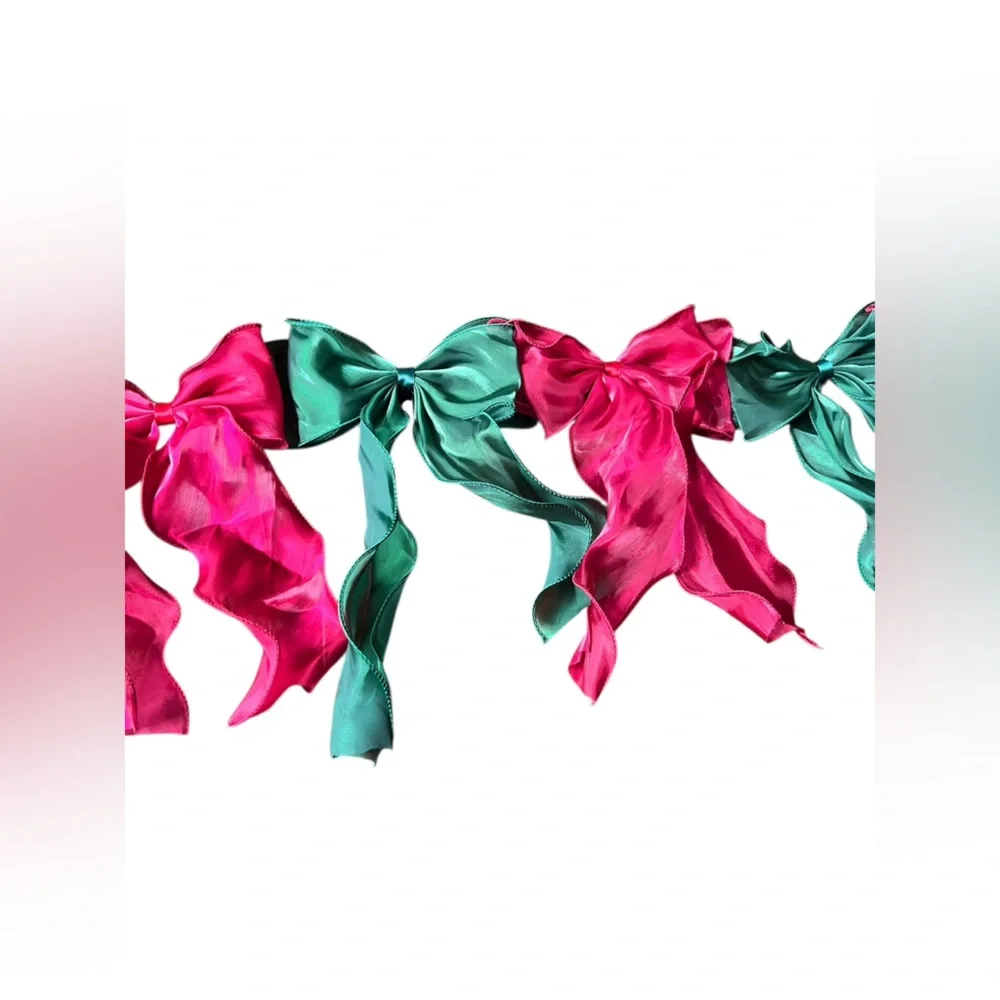 Holiday/Christmas Burgundy & Green Chiffon wired bow garland 55” length